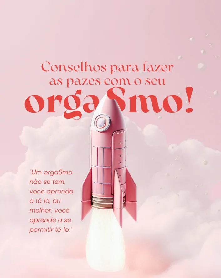 Capa de carrossel sobre prazer feminino, com foguete ilustrado em tons de rosa