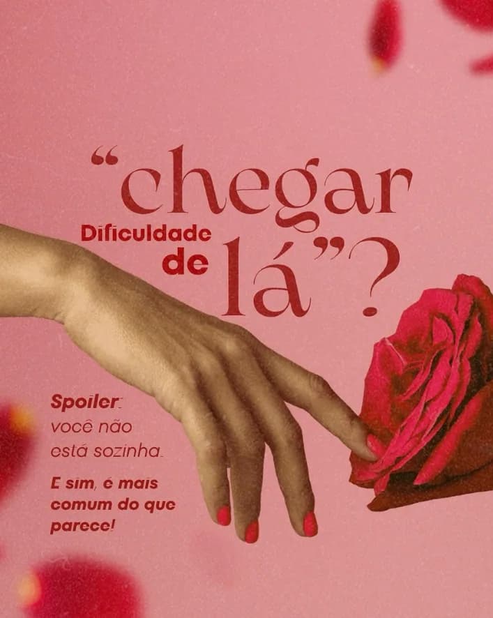 Capa de carrossel sobre dificuldade de atingir o orgasmo, com mãos e uma rosa