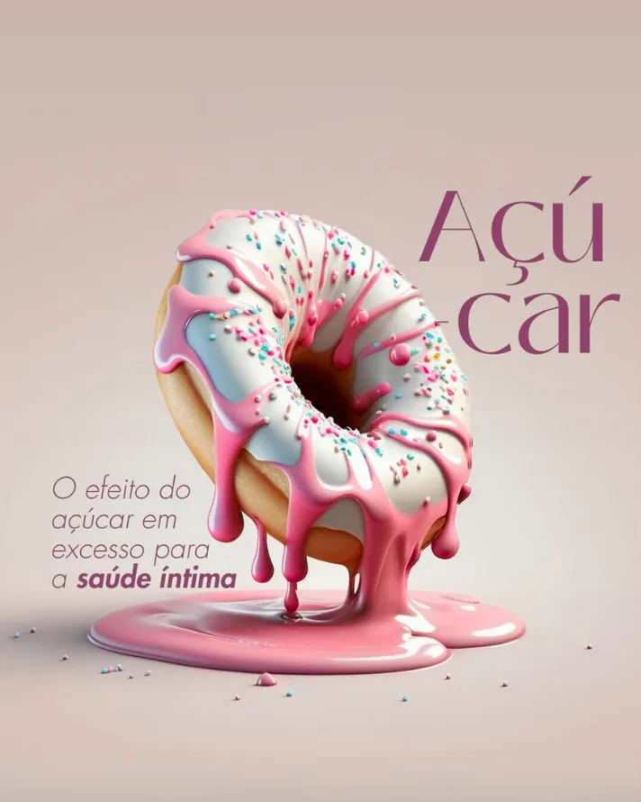 Capa de carrossel sobre o efeito do excesso de açúcar na saúde íntima, com donut ilustrado