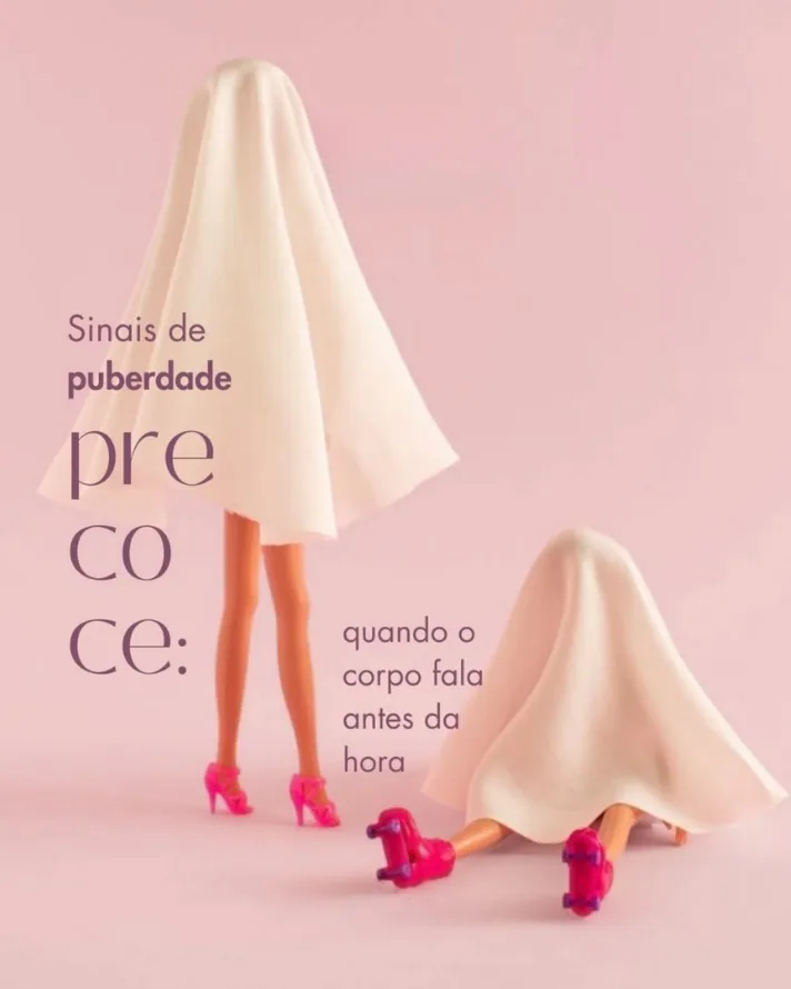 Capa de carrossel sobre sinais de puberdade precoce, com figura coberta por tecido claro