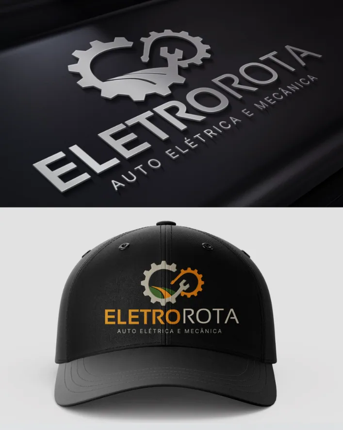Logotipo da EletroRota aplicado em superfície escura e em boné bordado