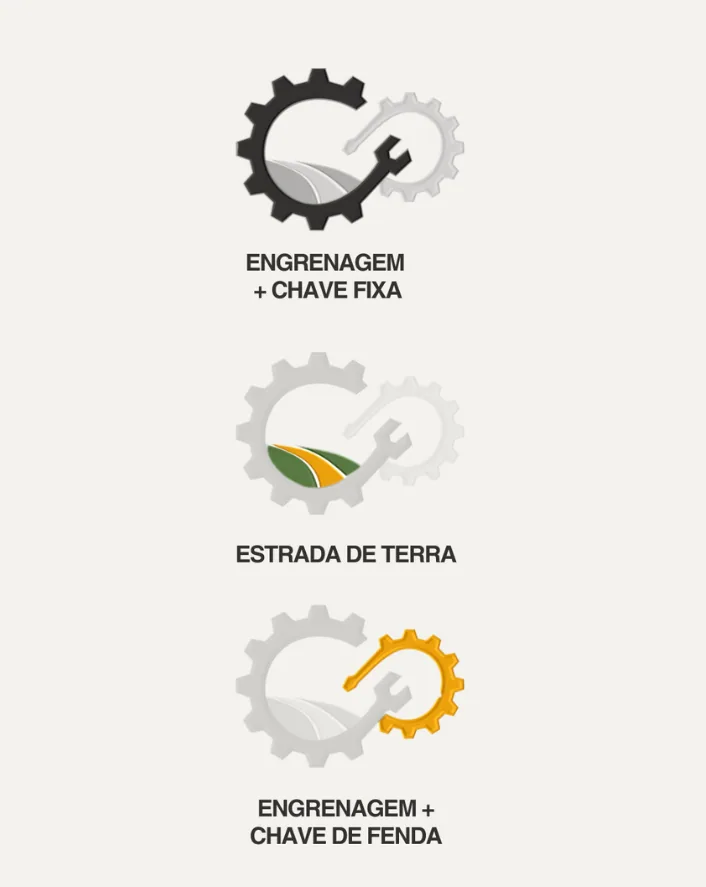 Construção do símbolo da EletroRota a partir de engrenagem, chave fixa e estrada de terra