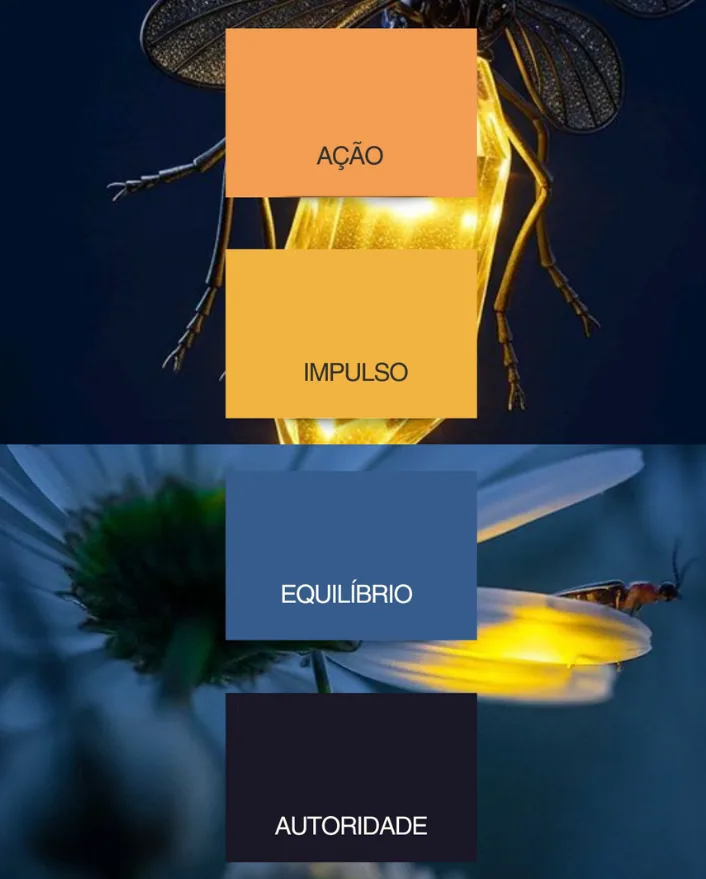 Painel de conceito da identidade visual da Lumielos com os pilares ação, impulso, equilíbrio e autoridade