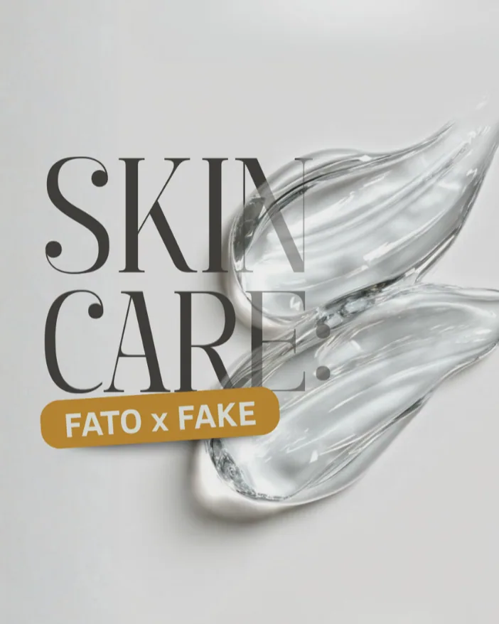 Capa de carrossel de skincare no formato fato ou fake, com textura de gel cosmético