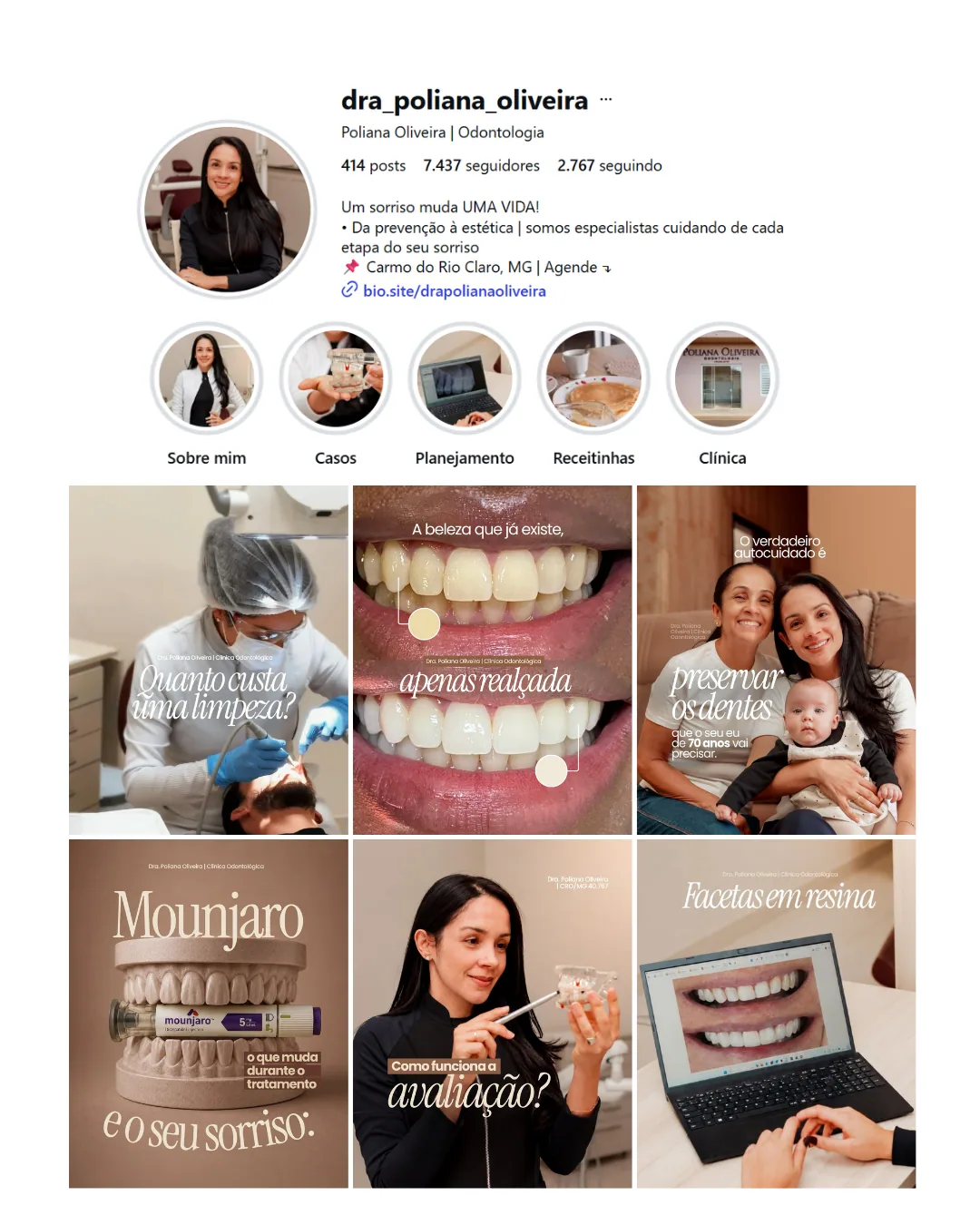 Perfil de Instagram da Dra. Poliana Oliveira com identidade visual profissional pela Clare Studio
